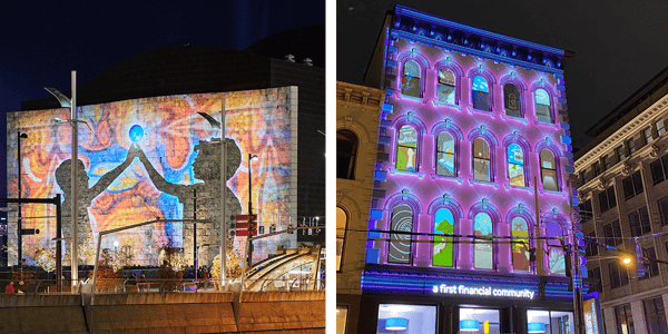 Image of projection mapping installation HUEmanity from 2019 on left and image of projection mapping installation CINEMAGIC on the right