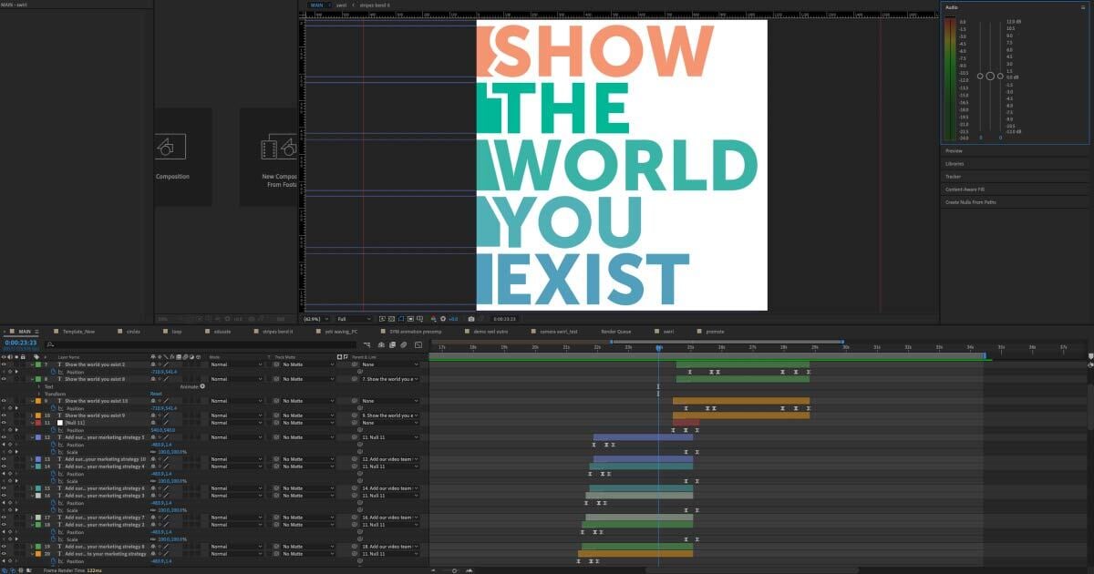 Image of Adobe After Effects interface showing the separated layers of a logo. 