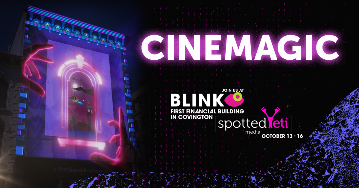 Rendering of the projection mapping CINEMAGIC on the First Financial Building for the BLINK Cincinnati event.
