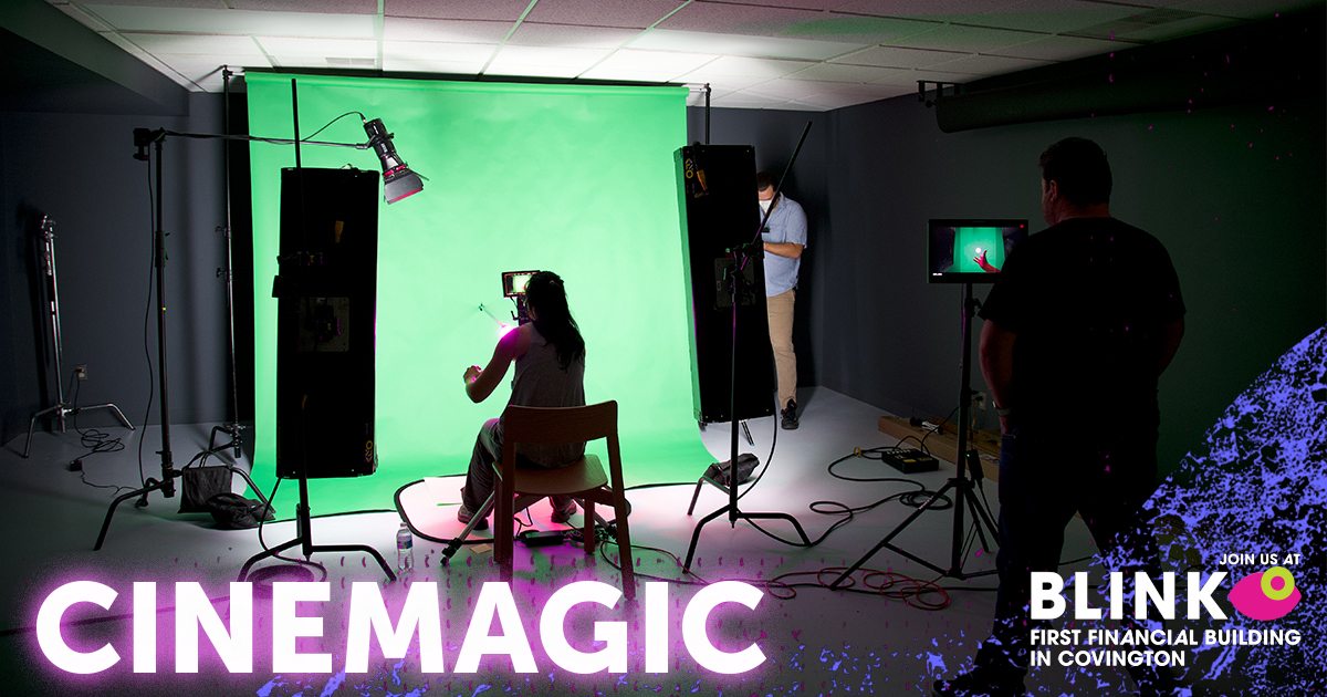 Behind the scenes image of a green screen production for the making of CINEMAGIC. 