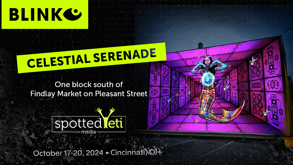 Rendering of the projection mapping installation "Celestial Serenade" on a mural of a mermaid by The London Police